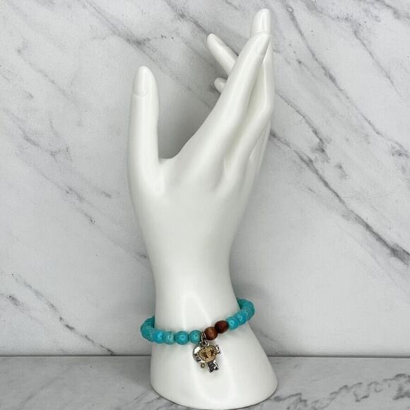 Faux Turquoise Beaded Cross Faux Pearl Charm Stretch Bracelet - Picture 2 of 8
